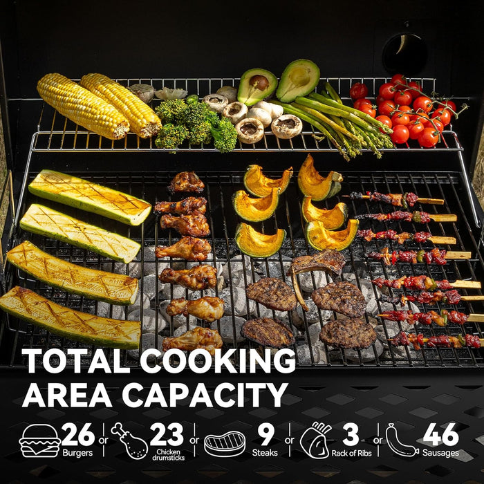 CC1830FC 28-Inch Barrel Charcoal Grill with Offset Smoker, 840 Sq. In. Cooking Area, Front Shelf, Charcoal Grill for Outdoor Grilling and Backyard Cooking, Black