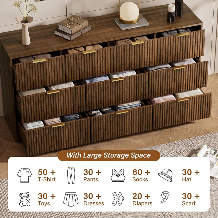 Walnut 10 Drawer Dresser for Bedroom, 63" Wide Fluted Wood Dresser