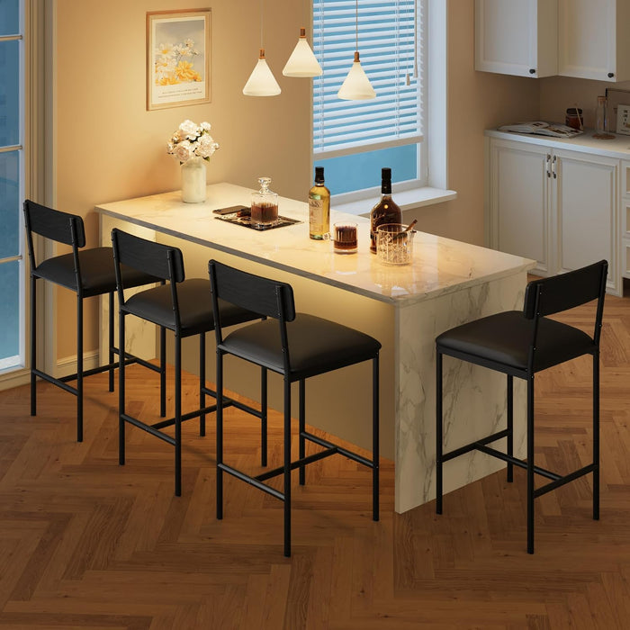 Bar Stools Set of 4, Kitchen Counter Height Chairs, 25.5 Inches Upholstered Black Barstools with Back, Bar Height Chairs for Counter Bar, Island, Easy Assembly