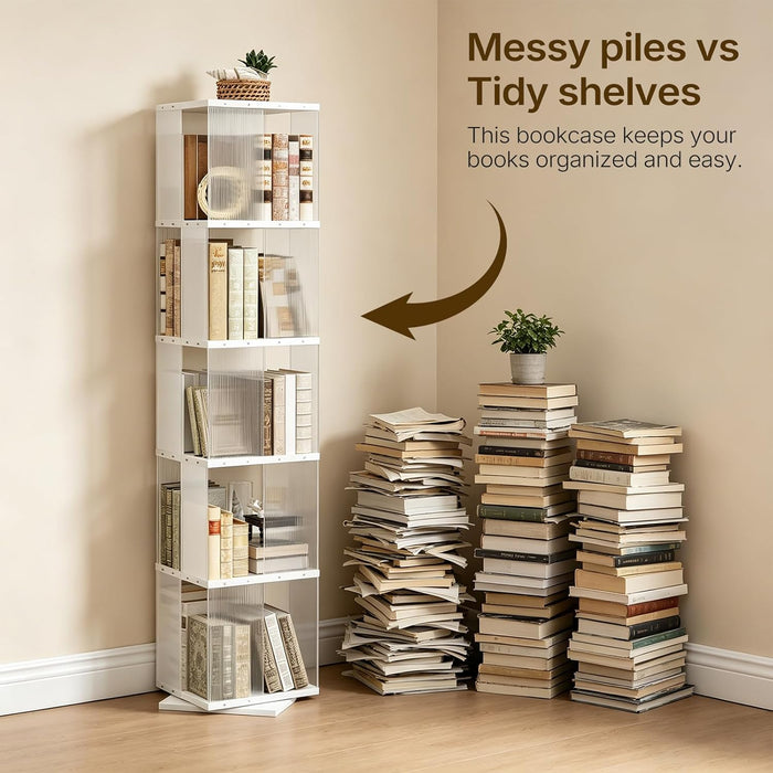 5-Tier Rotating Bookshelf With Clear Acrylic Panels