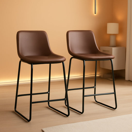 TAVR Counter Height Stools Set of 2, 24 Inch Barstools Hold up to 500 Lbs | Armless Faux Leather Bar Stools with Sturdy Metal Legs & Soft Backrest for Kitchen Island, Coffee Shop, Brown