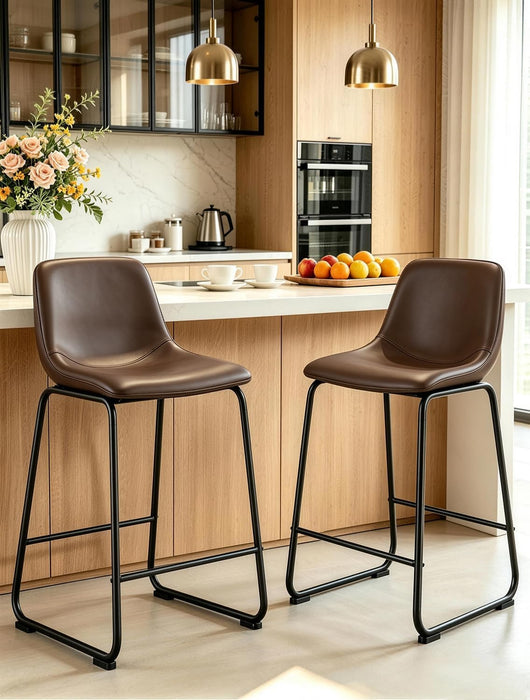 TAVR Counter Height Stools Set of 2, 24 Inch Barstools Hold up to 500 Lbs | Armless Faux Leather Bar Stools with Sturdy Metal Legs & Soft Backrest for Kitchen Island, Coffee Shop, Brown