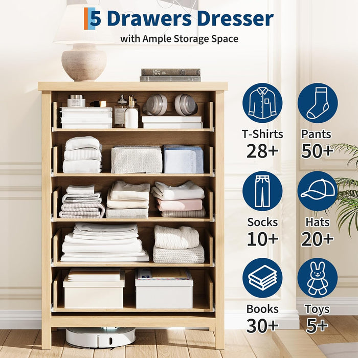 Fluted Dresser for Bedroom with 5 Drawers, 42.9 in Tall Chest of Large Drawers with Large Clothes Storage Cabinet, Wood Dresser, TV Stand for Bedroom, Nursery, Living Room, Hallway