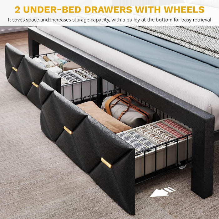 King Size Bed Frame with 2 Storage Drawers and Storage Headboard, Upholstered Platform with Charging Station and LED Light, No Box Spring Needed, Noise Free, Easy Assembly, PU Leather Black