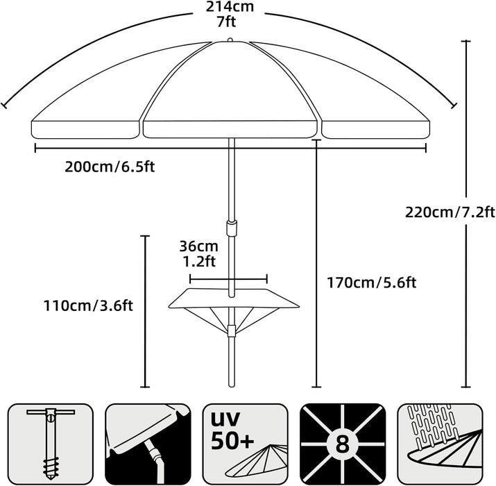 7Ft Heavy Duty High Wind Beach Umbrella with Sand Anchor, Built-In Table Tray & Tilt Pole, UPF 50+ Windproof Portable Outdoor Umbrellas Carry Bag for Patio Garden Pool Backyard Stripe