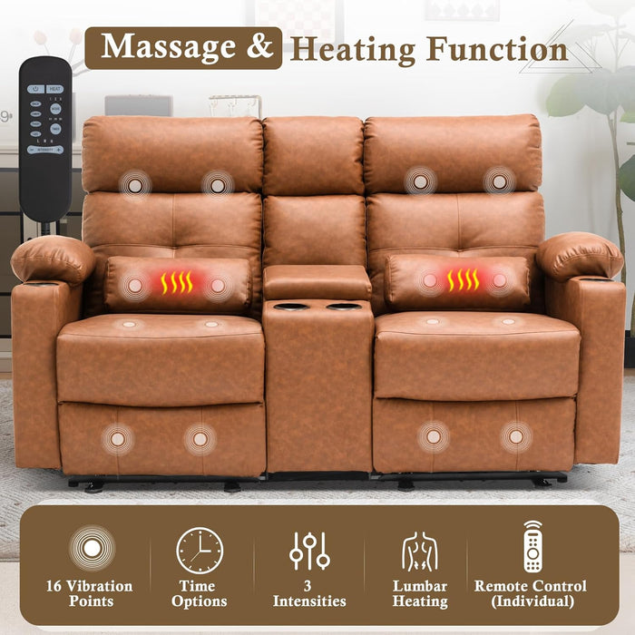 Power Loveseat Recliner Sofa with Console, Loveseat Reclining Sofa with Heat & Massage, Home Theater Seating with Lumbar Pillow for Living Room, RV Recliner Loveseat(Pu, Yellowish Brown)