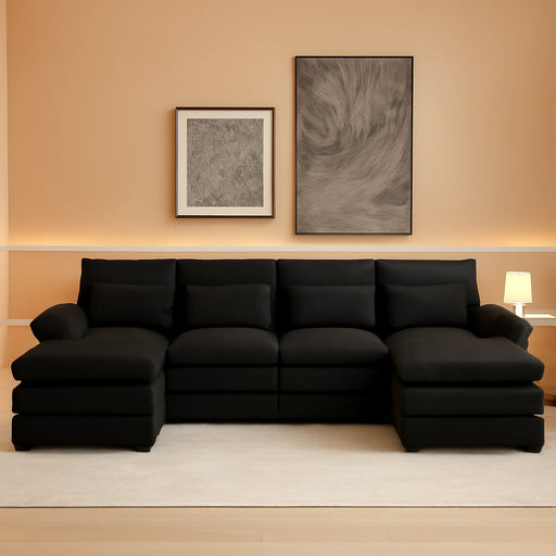 110" Modular Sectional Couches with Waist Pillows, 6-Seat U-Shaped Upholstered Sleeper Sofa Bed Chaise Lounge for Living Room Furniture, Large, Black