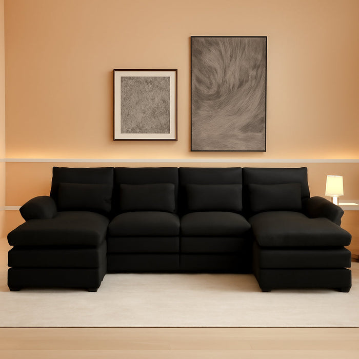 110" Modular Sectional Couches with Waist Pillows, 6-Seat U-Shaped Upholstered Sleeper Sofa Bed Chaise Lounge for Living Room Furniture, Large, Black