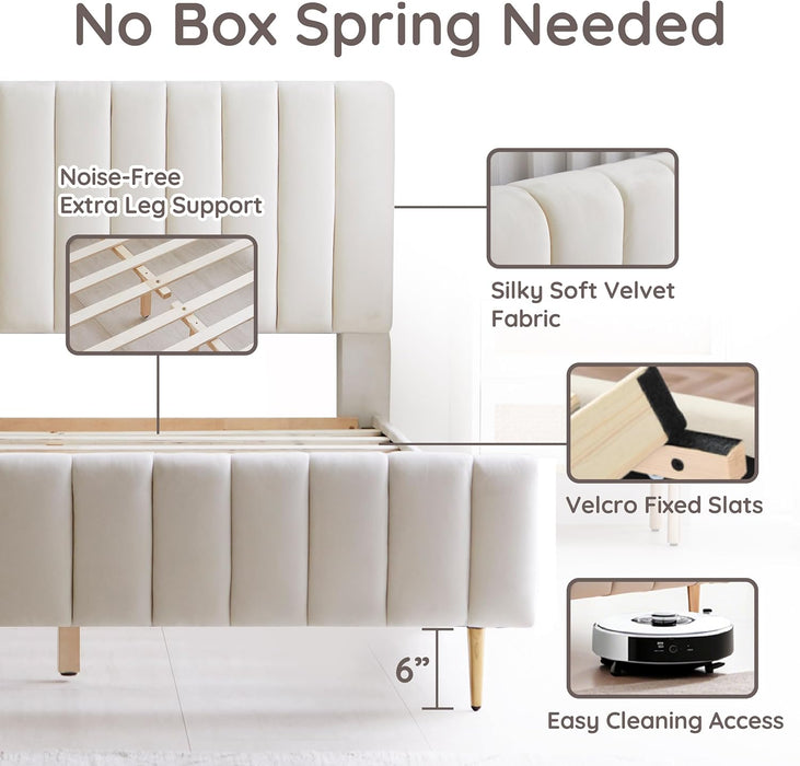 King Size Elton Velvet Platform Bed, Upholstered Bed Frame with Vertical Channel Tufted Headboard Footboard, Strong Wood Slats, No Box Spring Needed, Ivory (King)