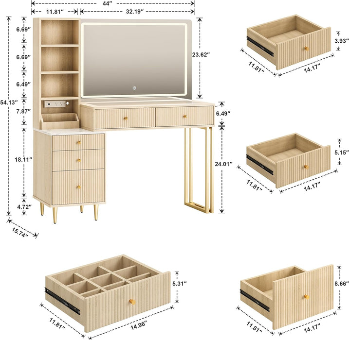 44 Inch Oak Vanity Desk With Lighted Mirror And Power Outlet