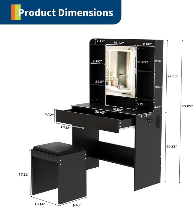 Vanity Desk with Mirror and Lights, for Bedroom,Adjustable 3 Color Lights Modes，Includes Padded Stool, Makeup Table Set with Hidden Storage Shelves, USB Outlets, Hairdryer Holder