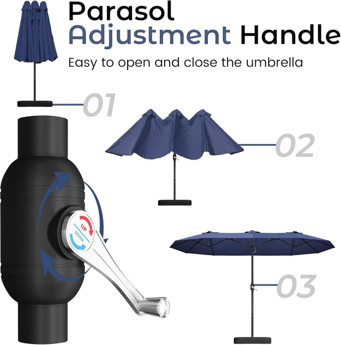 15Ft Patio Umbrella with Base,Large Outdoor Double-Sided Rectangle Umbrella with Crank Handle, Market Umbrella for Poolside Garden Deck Backyard Beach Pools, Navy Blue
