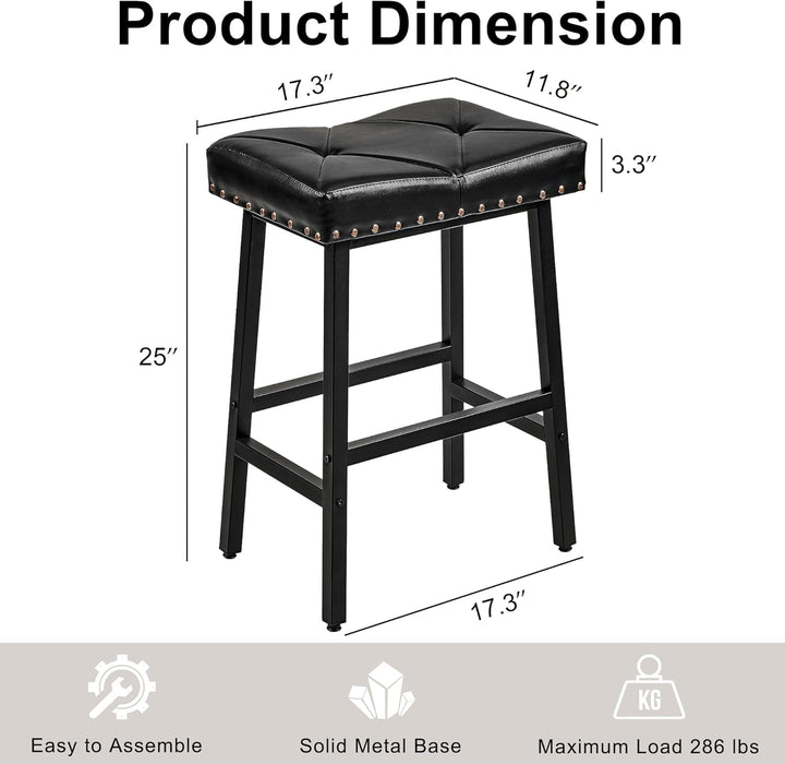 25 Inch Counter Height Stools for Kitchen Island, Bar Stools Set of 2, Kitchen Stools with 3.3'' Thick PU Upholstered Saddle Seats, Backless Barstools Bar Chairs with Metal Base, Black