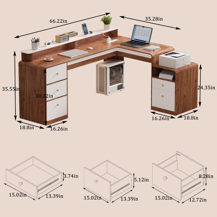 66" Farmhouse L Shaped Desk with 5 Drawers & File Drawers for Home Office