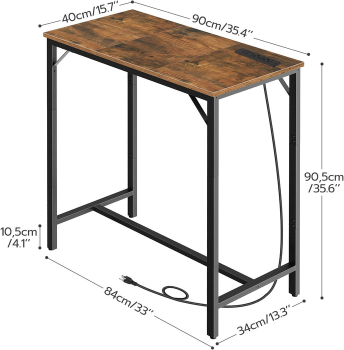 Bar Table with Charging Station, Rectangular Pub Table, High Top Coffee Table, Counter Bar Height Table, Narrow Long Dining Table, 35.4" L X 15.7" W X 35.6" H, Rustic Brown and Black BF90UBT01