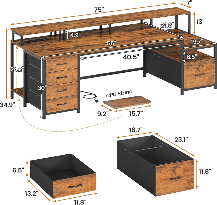 Home Office Desk with File Drawer & Power Outlet, 75'' Large Computer Desk with 5 Drawer, Storage Shelves, Monitor Shelf and Led Lights, 23.6" W Desktop Gaming Desk, Rustic Brown