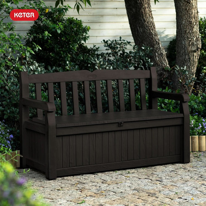 Solana 70 Gallon Storage Bench Deck Box for Patio Furniture, Front Porch Decor and Outdoor Seating – Perfect to Store Garden Tools, Brown/Brown