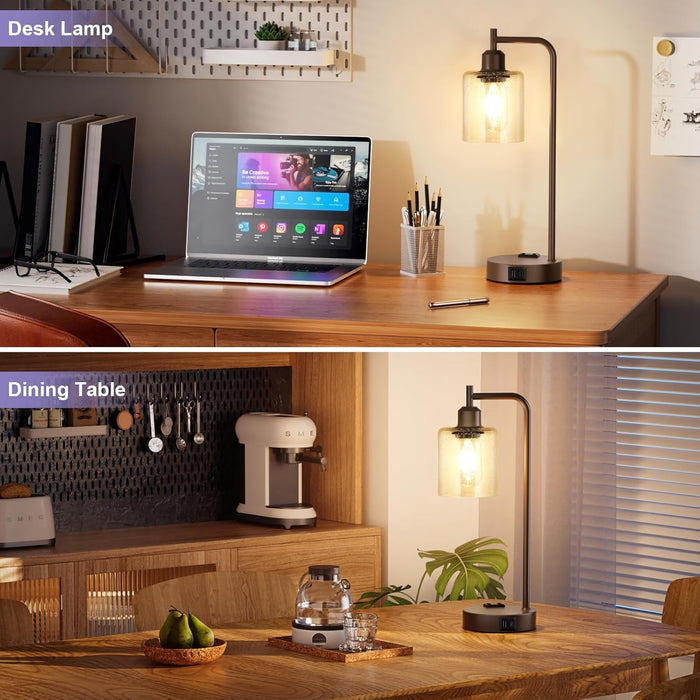 Industrial Touch Table Lamps for Bedrooms Set of 2 - 3-Way Dimmable Lamps with USB C+A Ports and Outlet, Brown Bedside Lamps with Seeded Clear Glass Shade for Living Room, Desk Lamps for Home Office