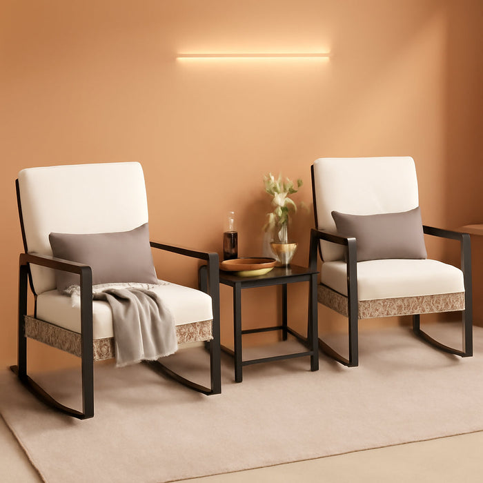 3 Piece Patio Rocking Chairs Set of 2, Outdoor Rocking Chair Bistro Set with Tempered Glass Coffee Table and Thick Lumbar Pillow Set, Front Porch Chairs for Garden, Backyard, Poolside (Beige)