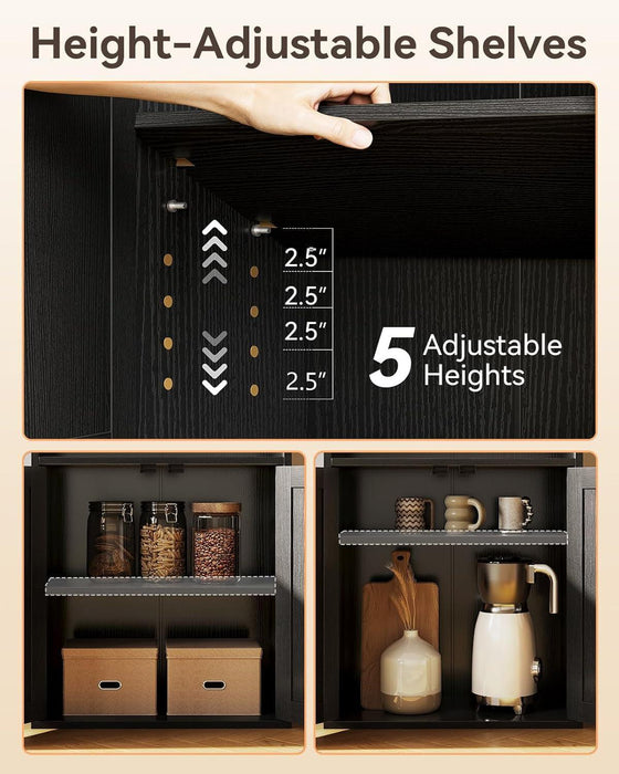 Bookshelf and Bookcase with Doors, Floor Standing 6-Tier Shelf Display Storage Shelves, Tall Bookcases for Home Office, Living Room, Black