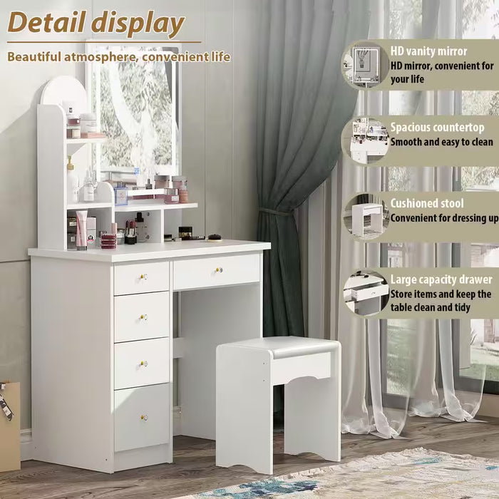 5-Drawers White Wood Dresser Makeup Vanity Sets Dressing Table with Stool, Mirror and 3-Tier Storage Shelves