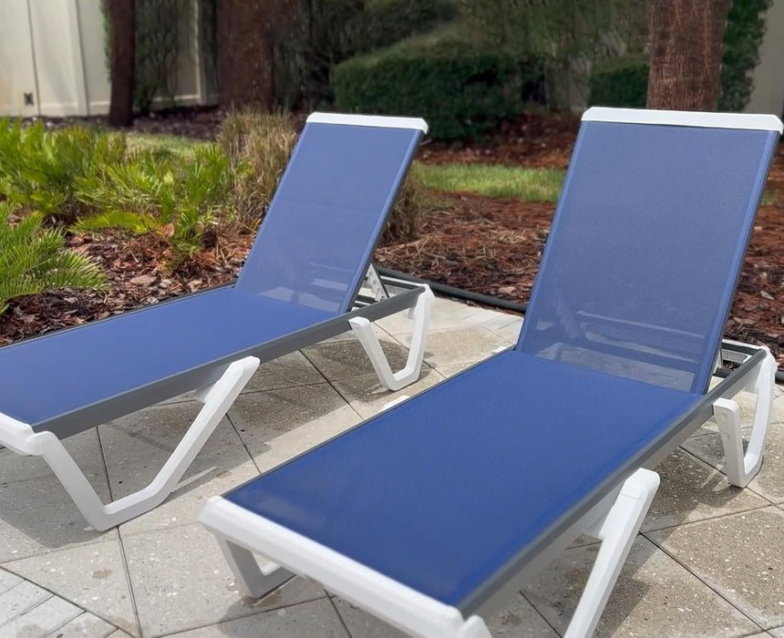 Lounge Chair Outdoor Set of 2 Chaise Lounge W/Wheel, Navy Blue
