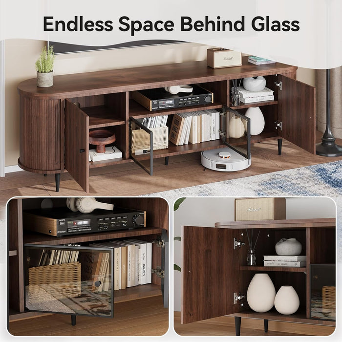 Luxury 70" Fluted TV Stand, Modern Entertainment Center for Tvs up to 80”, TV Console with Faux Marble Tabletop, Curved Profile Design, Media Console for Living Room, Brown