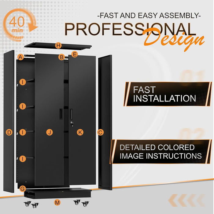 IndustrialGrade 73Inch Black Garage Cabinet Durable