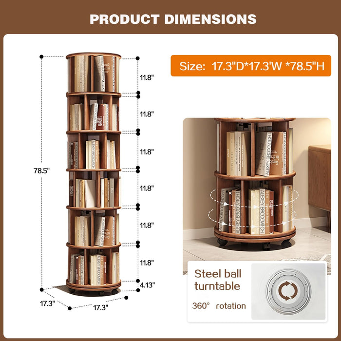 Six Tier Rotating Rubberwood Bookshelf Walnut Finish