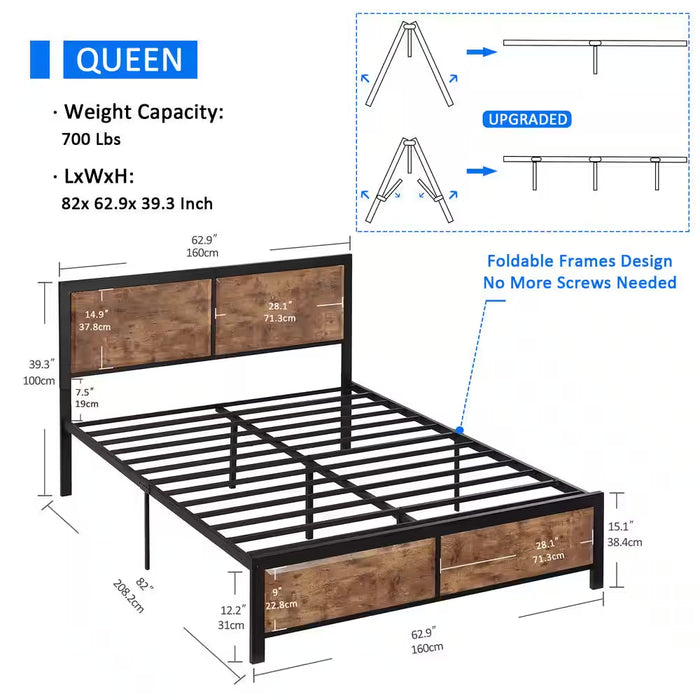 Queen Size Platform Metal Bed Frame with Wooden Headboard and Footboard，Rustic Country Style Bed Frame，62.9"W，Brown