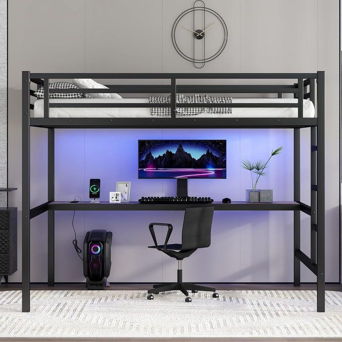 Full Size Metal Loft Bed with Desk and LED Lights,Heavy Duty Loft Bed Frame with Charging Station and USB for Kids,Teens,Adults,Full Size,Black