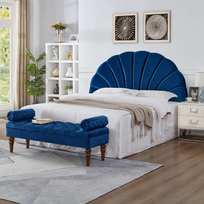 Stunning Crown Design King Headboard, Upholstered Soft Velvet Petal Pattern Headboard King/Ca King-6039-K-Navy