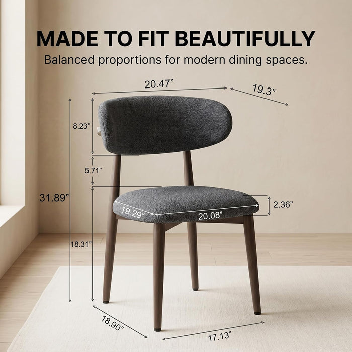 Dining Chairs Set of 4, Modern Bouclé Fabric Upholstered Kitchen & Dining Room Chairs with Ergonomic Back, Walnut Wood-Grain Metal Legs, Dark Gray