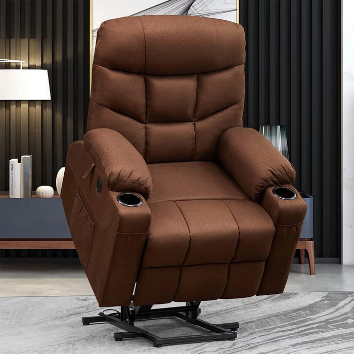 Power Lift Recliner Chair,Massage Lift Chair for Elderly with Heated Vibration,Electric Reclining Chairs,Infinite Position Fabric Recliner Chair,Cup Holders,Remote Control, Brown