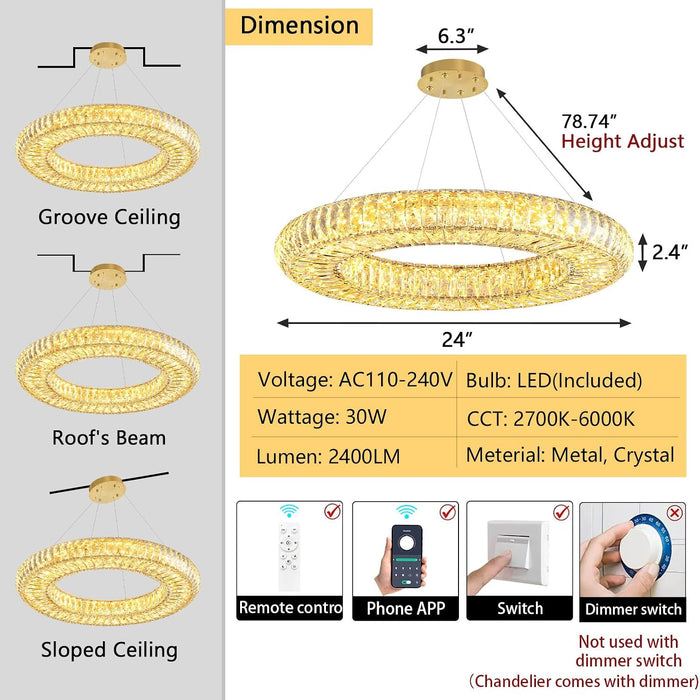 23.6'' Modern LED Ring Pendant Light Dimmable Crystal Chandelier for Dining Room Living Room Bedroom Gold