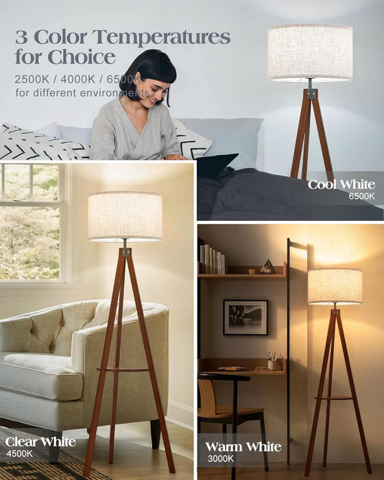 Mid Century Floor Lamp with 3 Color Temperatures LED Bulb, Modern Wood Tripod Table Reading Standing Light, Wooden Shelf Floor Lamp for Farmhouse Living Room Bedroom Office Linen Shade Brown