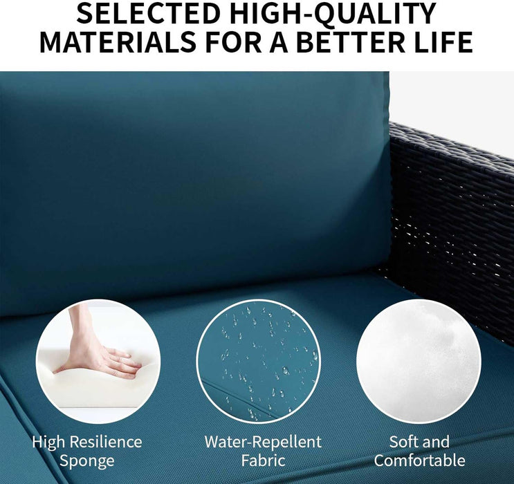 4-Piece Rattan Patio Furniture Set, Waterproof Wicker Outdoor Sectional Sofa with Thick Cushions, All-Weather PE Rattan Conversation Set for Porch, Poolside (Peacock Blue, Black Rattan)