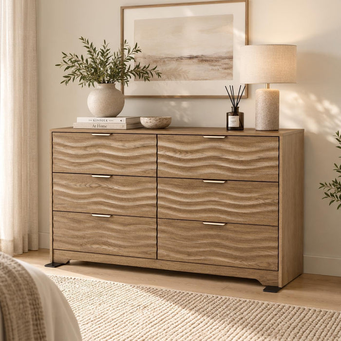 48" Wide 6 Drawers Dresser for Bedroom, Coastline Fluted Modern Dresser Drawer with Metal Handle, Storage Chest of TV Stand Organizers Wooden for Living Room, Hallway, Closet, Walnut Wood