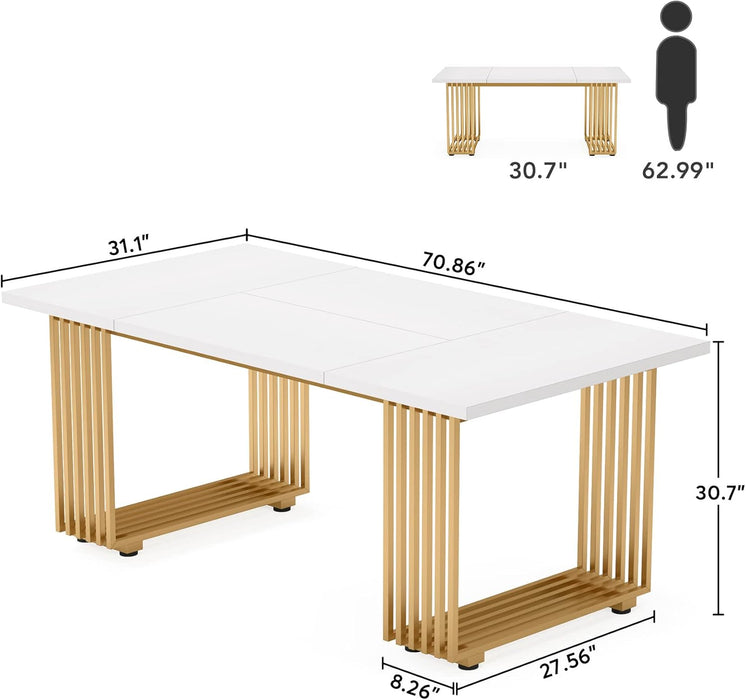 Modern Dining Table for 6-8 People, 70.8 Inches Long White Room Kitchen, Wood Kitchen with Gold Metal Legs, Rectangular Dinner Room, Family Gathering