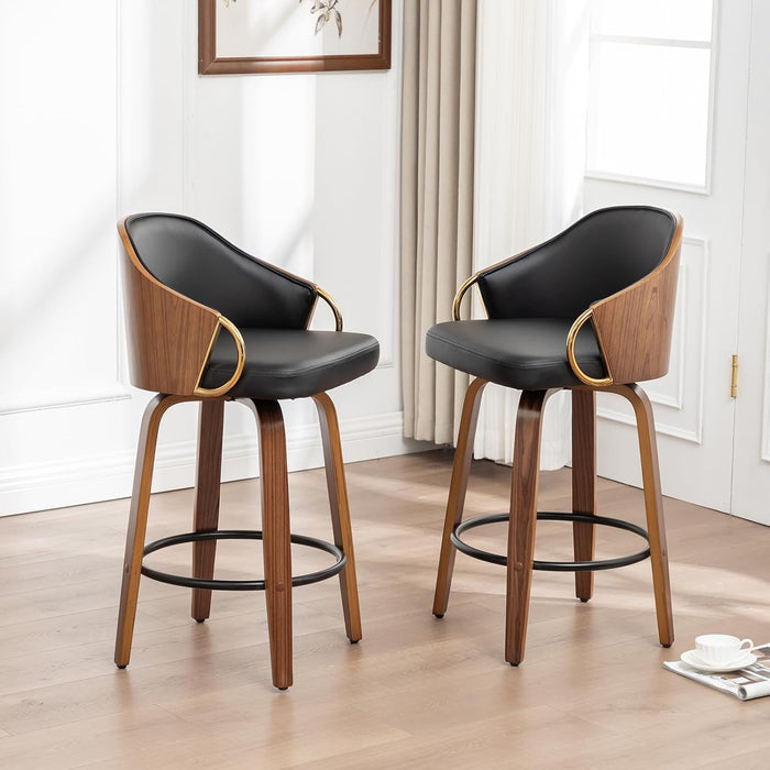 26" Swivel Counter Height Barstools Set of 2, Black Leather Bar Stools Mid Century Modern Bar Chairs with Wood Legs and Golden Arms for Kitchen Dining Pub Cafe
