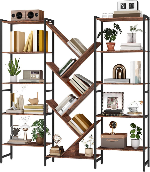 Triple 5 Tier Bookcase, 17 Open Display Shelves Industrial Bookshelf