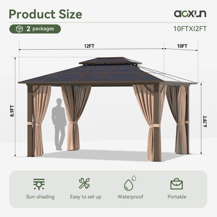 10 Ft. X 12 Ft. Hardtop Gazebo, Double Polycarbonate Roof Aluminum Frame Gazebo W/Curtain and Netting, Brown