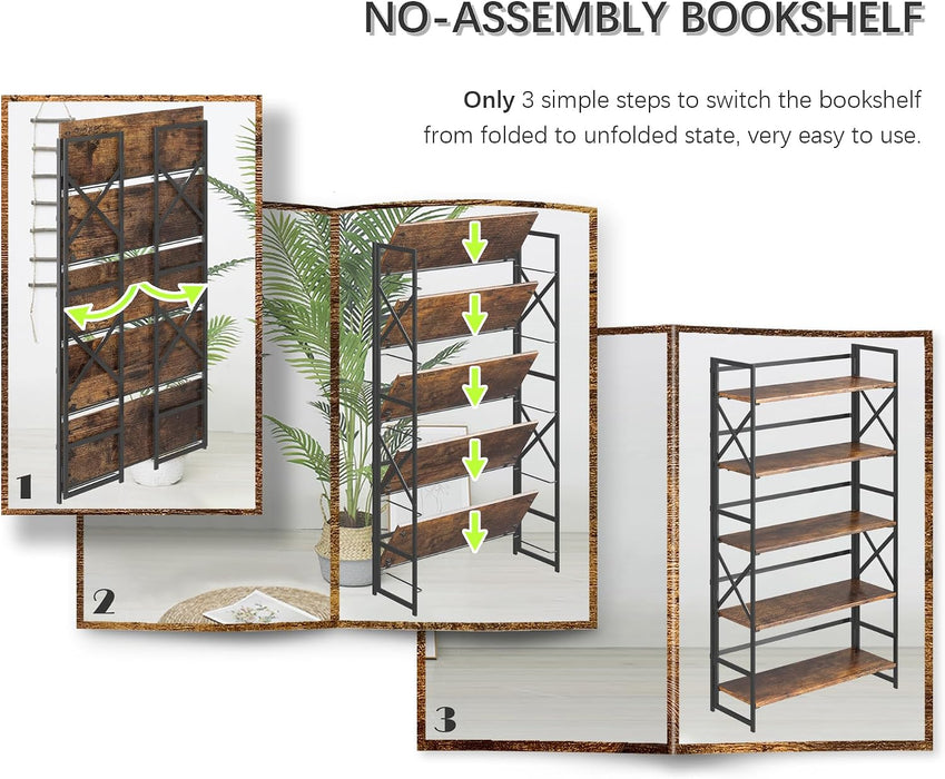 Extra Wide 5 Tiers No Assembly Book Shelves, 51.2" H Folding Bookshelf Bookcase Open Industrial Foldable Shelves for Bedroom, Living Room, Home Office - Rustic Brown Black