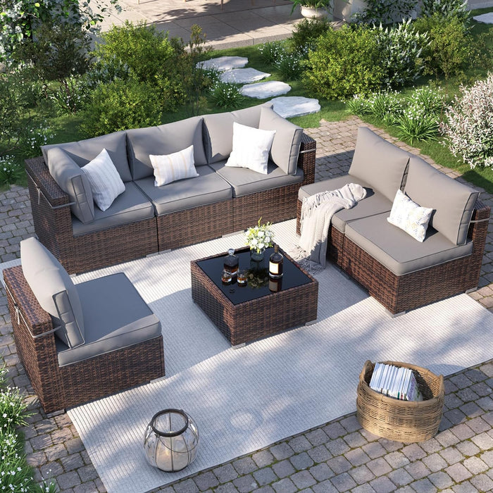 Patio Furniture Set, 7-Piece Outdoor Sectional with Waterproof Cover, All-Weather Wicker Patio Conversation Sets for Backyard (Brown with Grey Cushion)