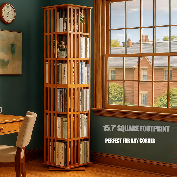Rotating Bookshelf Tower– 6 Tier 360° Bamboo Spinning Bookshelf | Space-Saving Floor Standing Square Revolving Bookcase for Small Space, Home Offices & Reading Corners | Walnut