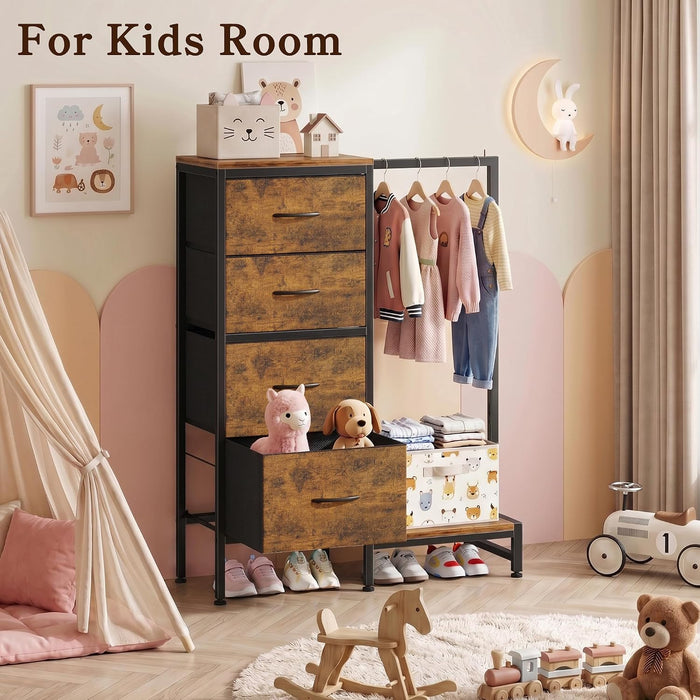 Tall Dresser 44''H with Hanging Rack, 4 Drawers Small Closet Dresser for Bedroom, Reversible Fabric Chest of Drawers with Clothes Rack, Tall Storage Tower, Sturdy Frame, Rustic Brown