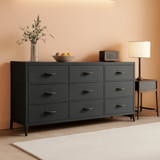 9 Drawer Dresser, 55 Inch Dresser TV Stand for 55, 60 Inch TV, Entertainment Center with Drawers, Large Storage Fabric Dresser for Bedroom, Closet, Black