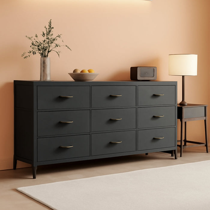 9 Drawer Dresser, 55 Inch Dresser TV Stand for 55, 60 Inch TV, Entertainment Center with Drawers, Large Storage Fabric Dresser for Bedroom, Closet, Black