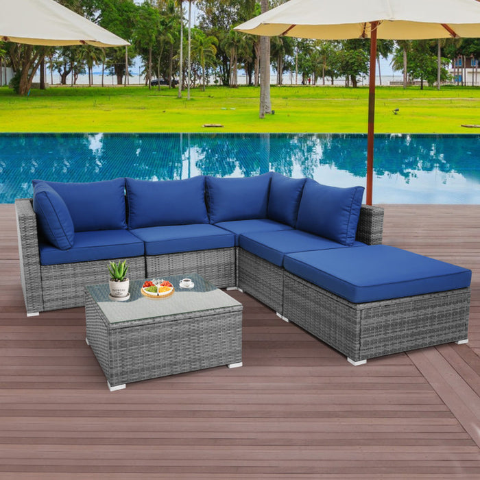 6 Pieces Outdoor Rattan Sofa Set with Seat and Back Cushions