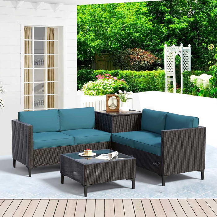 4-Piece Rattan Patio Furniture Set, Waterproof Wicker Outdoor Sectional Sofa with Thick Cushions, All-Weather PE Rattan Conversation Set for Porch, Poolside (Peacock Blue, Black Rattan)